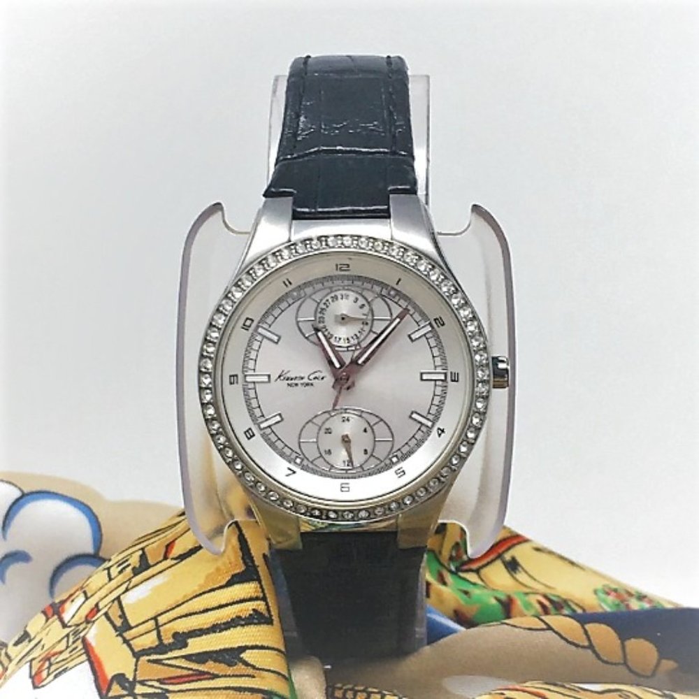Kenneth Cole S301-10 Stainless/Gemmed/Date Black Leather Women's Watch